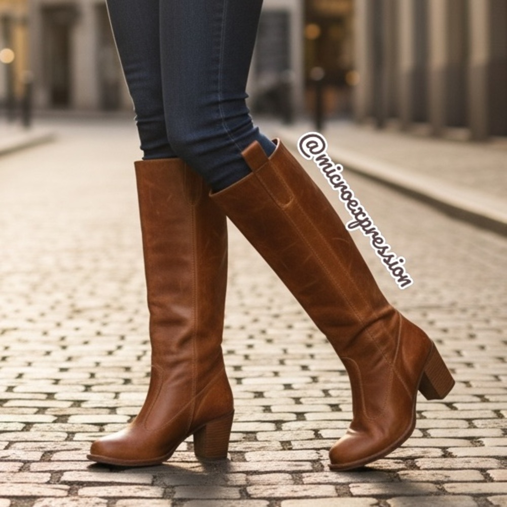 $399 Frye Villager Pull On Knee High Cognac Leather Tall Heeled Distressed Boot - Picture 4 of 15